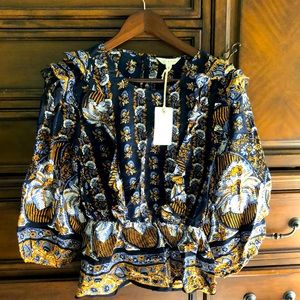 Lucky Brand Floral Boho Ruffles Navy Top Med NEW